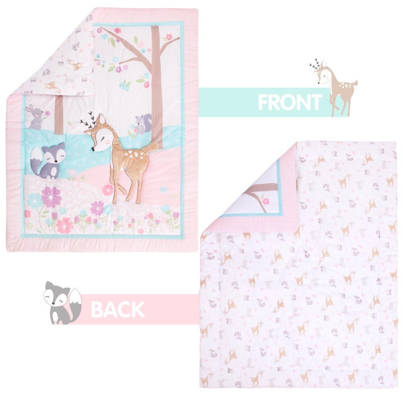 UOMNY Crib Bedding Set for Girls 3 Piece Woodland Baby Girl Crib Bedding Set Include Fitted Crib Sheet Comforter Crib Skirt - Image 5